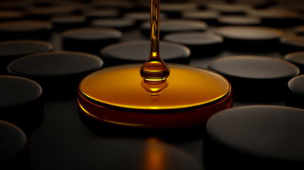 A drop of amber-colored oil is dripping down on black matte circles, a 3D rendering, high-resolution photography, high quality