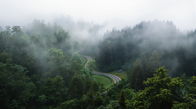 Winding Road Through Green Hills in Foggy Forest