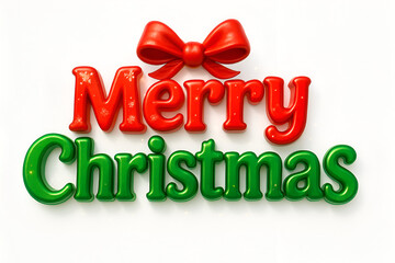 Vibrant red and green merry christmas three dimensional text design with a festive red bow on a clean white background