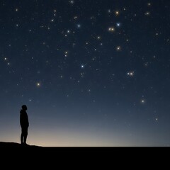 Fototapeta premium A person stands alone on a hill gazing up at a starry night sky filled with constellations