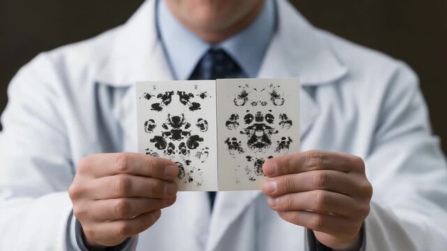 Psychologist holding Rorschach inkblot test cards for psychological evaluation