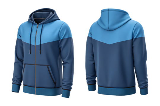 Blank teal blue hoodie mockup, front and back view. Unisex sweatshirt template with pocket and drawstring for apparel design. Isolated on transparent background, png