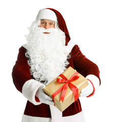 Santa Claus with Christmas gift on white background