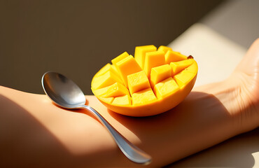 ripe mango lies partially consumed warm arm curved edge spoon resting beside soft morning