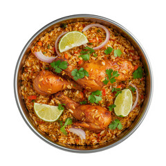 Delicious chicken biryani with rice indian cuisine food photography and presentation on transparent background