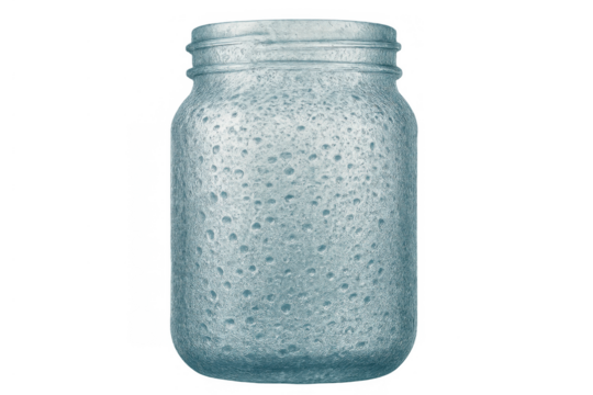 Empty rustic textured glass jar with an open top, appearing clear and blue tint, for storing food, drinks, or crafting