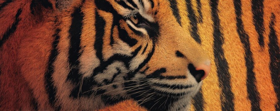Close-up of a tiger's orange fur and black stripes highlighting pattern and fierce gaze