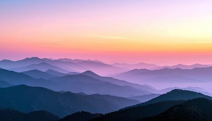 A vast mountain range is depicted with multiple layers of peaks receding into the distance, bathed in the soft, gradient light of a sunrise.