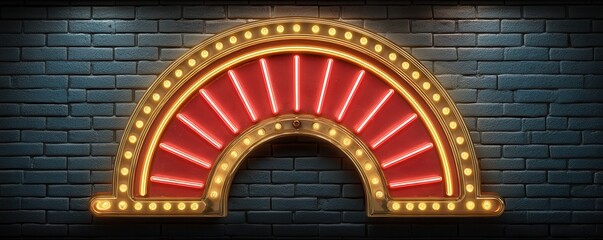 Neon retro arch sign with glowing lights on brick wall for vintage nightlife and advertising vibe