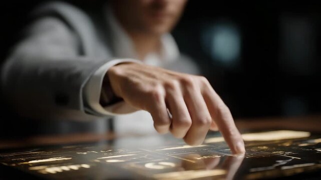 Close-up of auctioneer’s hand navigating translucent digital interface showing bidder activity and rising price indicators — representing cutting-edge online commerce systems, real-time analytics, - Powered by Adobe