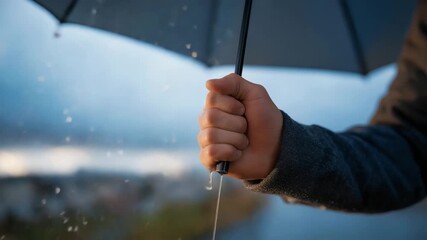 Close-up of hand gripping umbrella handle with raindrops falling — representing mindful walking, calm moments, and atmospheric weather-inspired imagery for lifestyle and social media content.