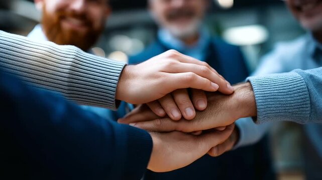 Men's hands stacked together in accountability group business casual attire visible faces not shown men's mental health support faith brotherhood early morning prayer meeting