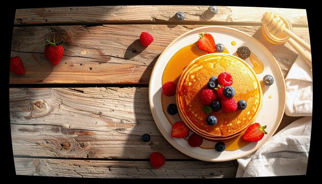A delicious stack of golden pancakes is topped with fresh raspberries, blueberries, and strawberries, drizzled with honey, and served on a rustic wooden table.