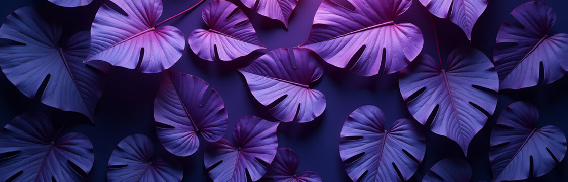 mesmerizing flat lay intricately arranged tropical leaves deep rich purple hue illuminated soft ultraviolet light