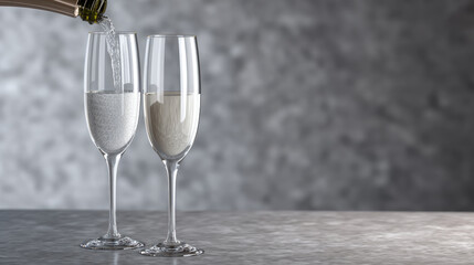 Two champagne glasses filled with sparkling wine on marble table, celebratory mood, modern style, soft gray background