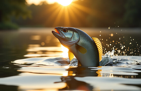 majestic fish bursts forth rippling surface tension serene lake warm summer morning bathed golden sunlight