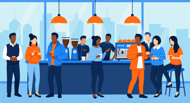 Diverse group of people socializing and enjoying beverages at a coffee shop or cafe, vector illustration