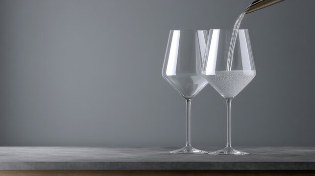 Two clear wine glasses on gray table, one being filled with sparkling drink, modern minimal style, elegant and celebratory mood