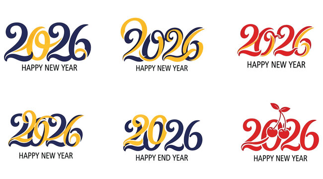 Collection of six different artistic typography designs for the year 2026, celebrating happy new year and happy end year, with some featuring cherry illustrations, all isolated on a