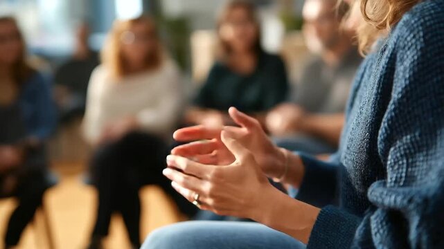 Close up of facilitator's hands gesturing during group session participants visible from behind or side faces obscured mental health group therapy faith based counseling