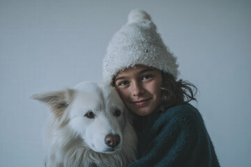 joyful child gently embraces fluffy dog wearing festive christmas hat radiating warmth
