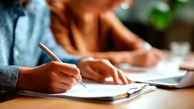 Hands working on marriage workbook exercises together couples' study materials faces not visible relationship faith support mental health marriage ministry with copy space