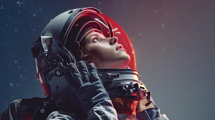 Confident astronaut triumphantly raises gloved hands celebrating mission success in starry void