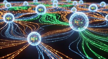 Futuristic digital network visualization with interconnected glowing spheres and data streams