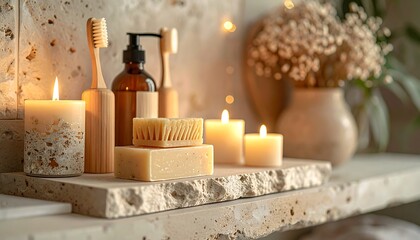 Spa bathroom arrangement with candles and natural products.
