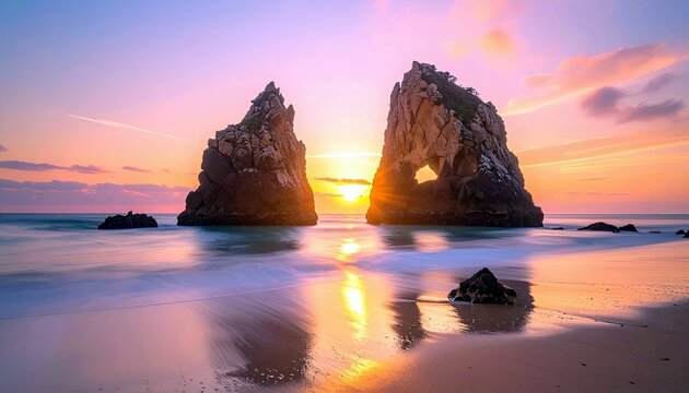 A breathtaking sunset illuminates a rocky coastline, featuring a sea stack with a natural arch, as waves gently wash ashore.