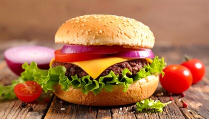 Delicious cheeseburger with fresh vegetables on a wooden table.