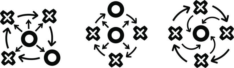 Abstract diagrams illustrating interconnectedness and data flow with circles and crosses