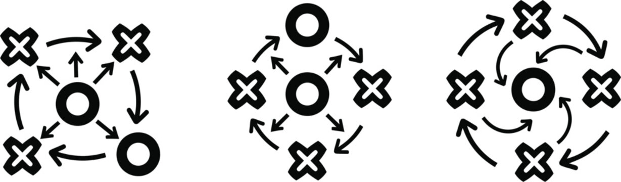 Abstract diagrams illustrating interconnectedness and data flow with circles and crosses