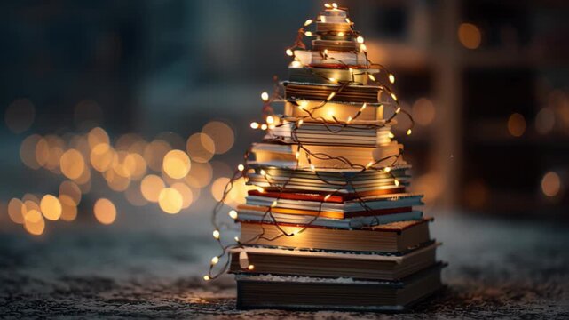 surreal Christmas tree made of books stacked with glowing fairy lights, cozy festive concept 