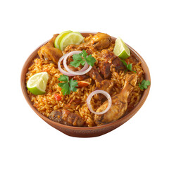 Delicious chicken biryani recipe indian food with rice lime and onion garnish dish on transparent background