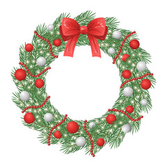 Christmas pine wreath with red bow and ornaments. Vector illustration