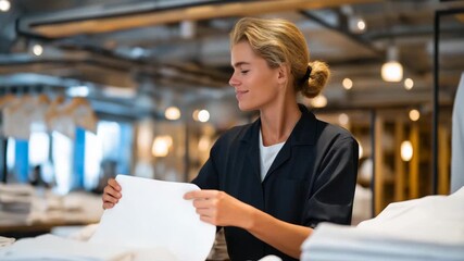 Employee neatly folding crisp, freshly cleaned white shirts in a spotless dry-cleaning workshop with industrial lighting and hanging racks — strong visual narrative of organization, cleanliness,