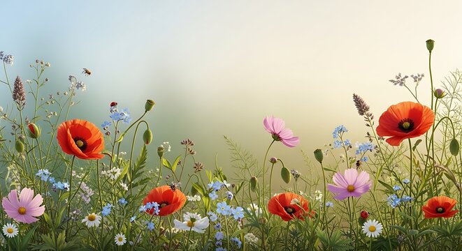 Lush wild flower meadow with poppies, cosmos, and summer blooms