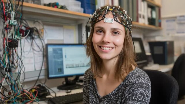 Smiling woman wearing EEG cap in a laboratory setting, ready for brain research
