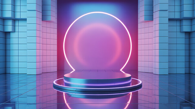 A glowing circle frames a modern stage with colorful lights creating a vibrant display.