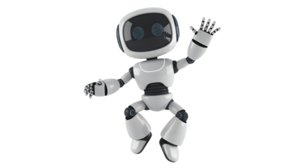 A white robot waves its hand while jumping mid air.