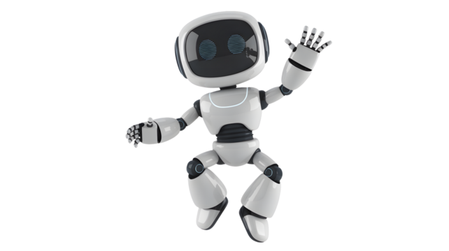 A white robot waves its hand while jumping mid air.