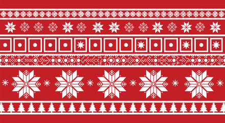 Festive red and white Scandinavian pattern with snowflakes and geometric shapes, evoking winter holidays.