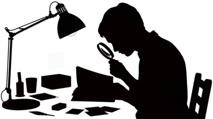 A person works at a desk with a lamp providing light.