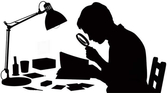 A person works at a desk with a lamp providing light.