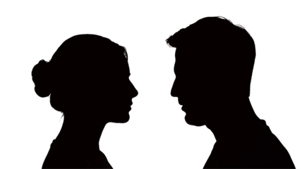 Two figures are looking at each other against a dark background.