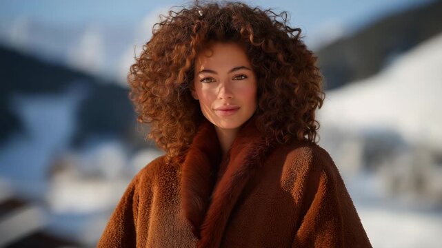 Fashion influencer presenting winter clothing line made of biodegradable textiles, snow-covered hills in background &mdash; representing sustainable branding, ethical production, and modern eco-conscious