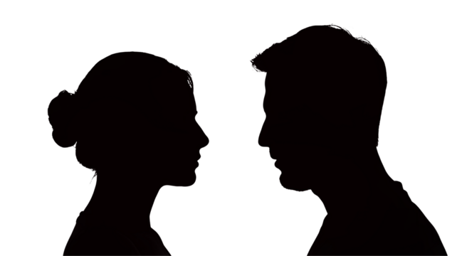Two figures are looking at each other against a dark background.