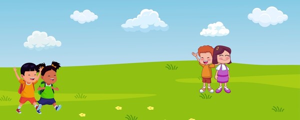 Cartoon illustration Kids on the meadow.