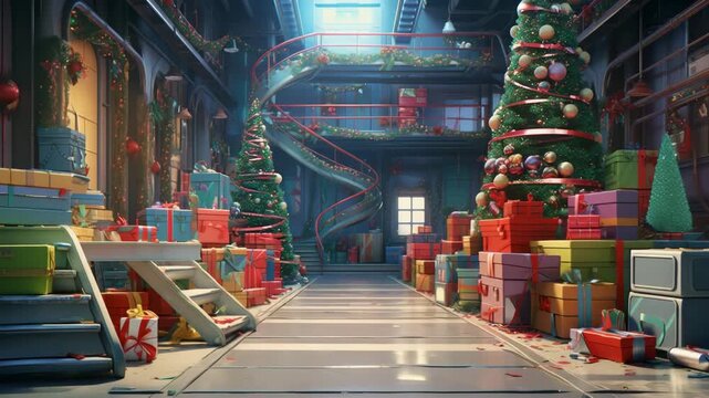 Christmas Workshop Filled with Gifts and Decorated Trees